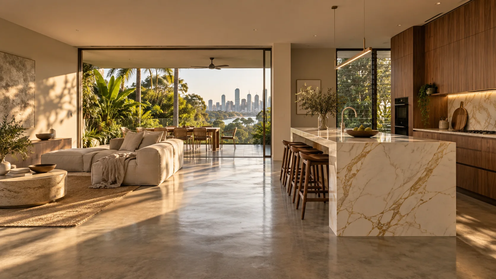 Concept of a refined concrete floor with soft natural reflections